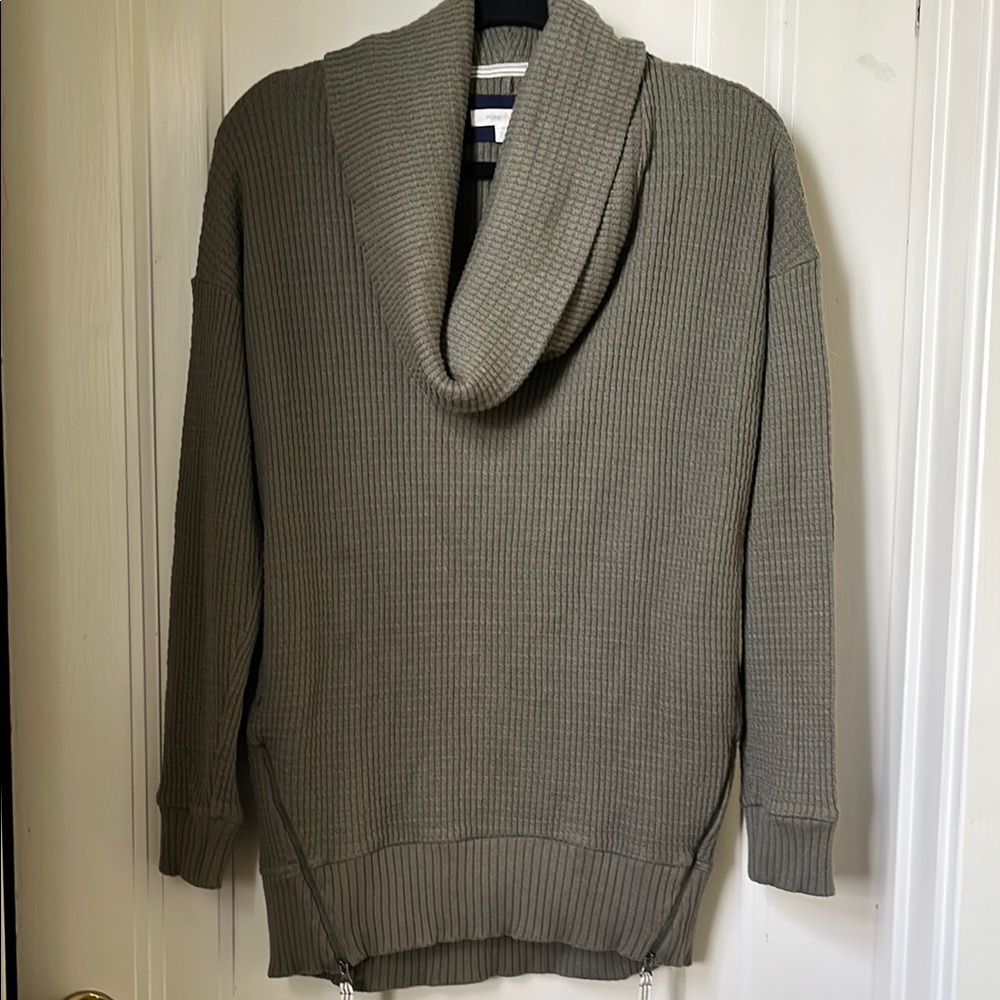 Anthropologie Cowl Neck Sweater Olive Green Waffle Knit Side Zip Pockets Sz S